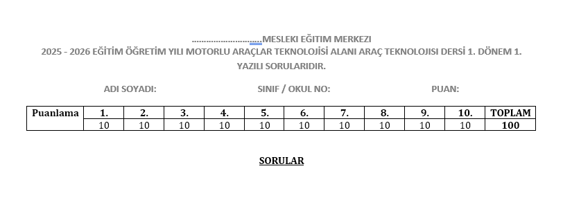 Not Baremli Sınav Kağıdı